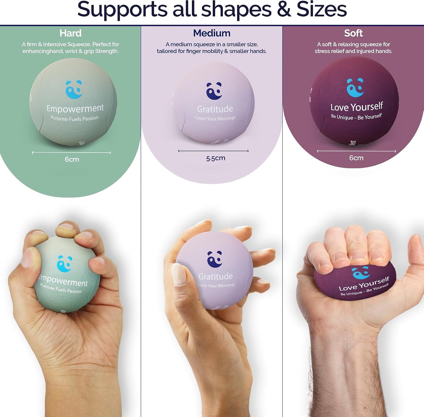 Mind & Body Stress Balls for Adults - Multi-Density Squeeze Balls for Hand Therapy & Grip Strengthening - Stress & Anxiety Relief - Choose 3-Ball (Soft, Medium & Hard) or 2-Ball (Soft & Hard) Sets