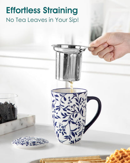 vancasso SELENE Porcelain Tea Mug, 18 oz Porcelain Tea Cup with Infuser and Lid Steeps Loose Leaf Tea, Microwave & Dishwasher Safe, Blossom Cluster
