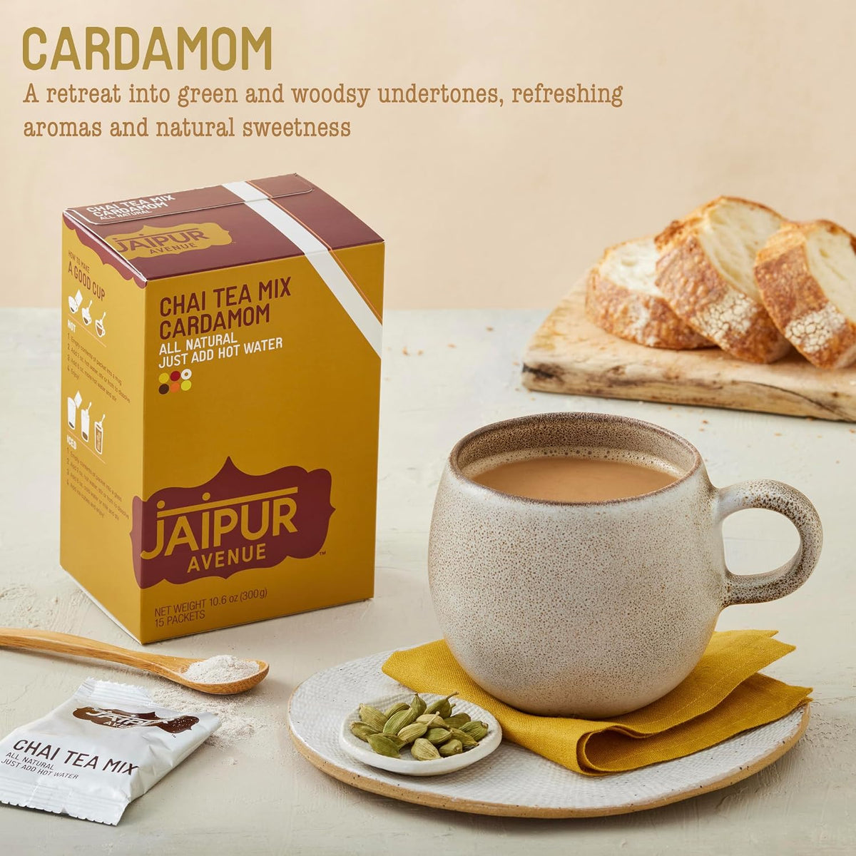 Jaipur Avenue Cardamom Chai Tea Mix Crafted with All-Natural Assam Black Tea, Cardamom, Cane Sugar, and Premium Dry Milk - Preservative-Free, Gluten-Free, Authentic Indian Chai Tea Latte (15 Servings)
