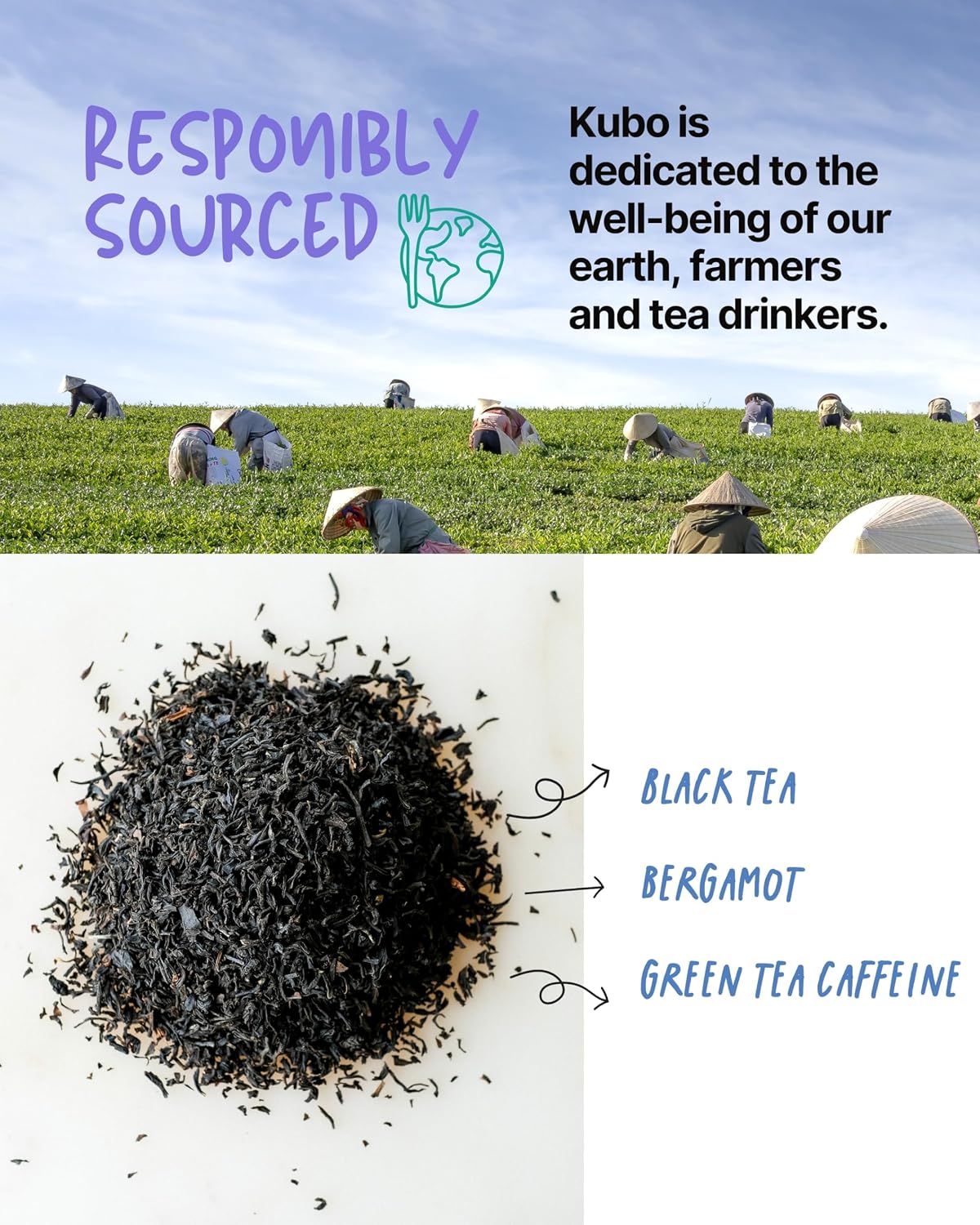 Kubo Earl Grey Black Tea, Organic High Caffeine Energy Tea Bags- 20 Ct