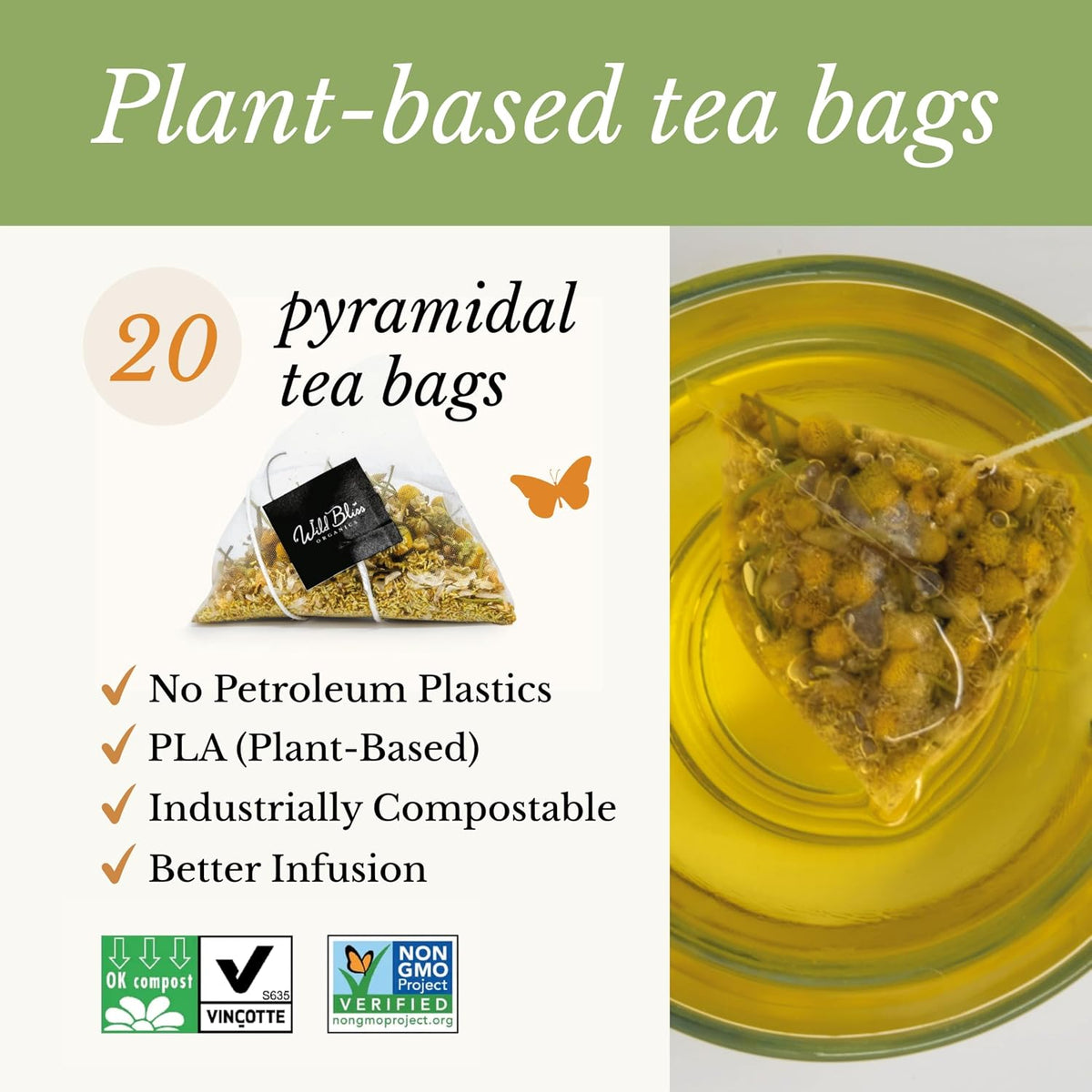 Wild Bliss Organic Chamomile Tea - Caffeine Free Calming Herbal Support - Pharmacopoeia Potency - 20 Plant Based Tea Bags