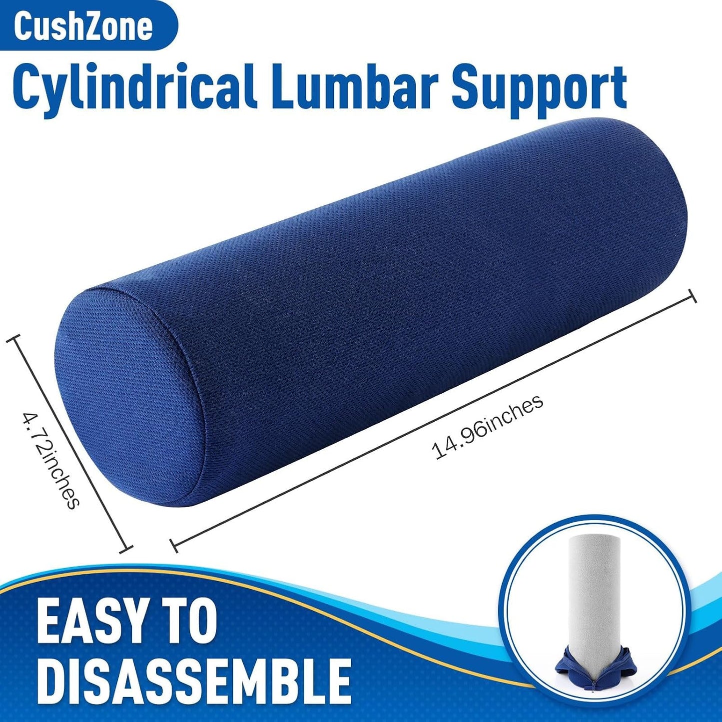 CushZone Lumbar Roll Support Pillow for Office Chair, Car, Gaming Chair, Memory Foam Back Cushion with Washable Cover for Relieving Back Pain & Improving Posture,Black