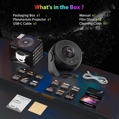 Galaxy Projector for Bedroom, HD Image Star Projector Galaxy Light Adjustable Knob, 13 Film Discs Planetarium Projector for Kids, 360° Rotating 1/2h Timer Simple 3-Button Control Black&White