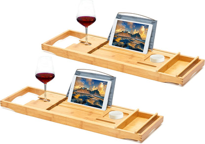Bamboo Bathtub Caddy Tray, Expandable Bath Table Over Tub with Glass Book