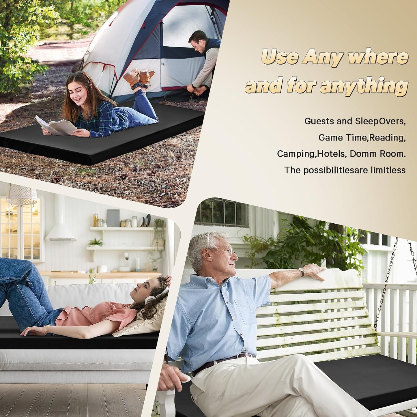 CYMULA Camping Cot Pad 2 Inch Memory Foam, Camping Pad for Folding Cot and Foldable Cot, Portable Roll Up Camp Gear for Car Camping Travel Tent, Non-Slip Waterproof Bottom, Removable Cover, Pad Only