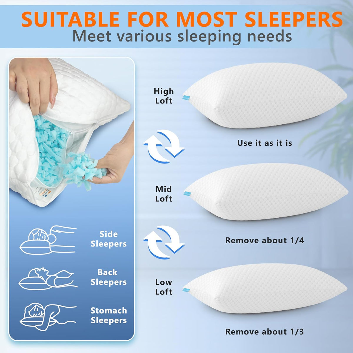 UYWO Cooling Pillows Queen Size Set of 2, Adjustable Memory Foam Pillows