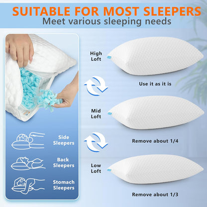 UYWO Cooling Pillows Queen Size Set of 2, Adjustable Memory Foam Pillows