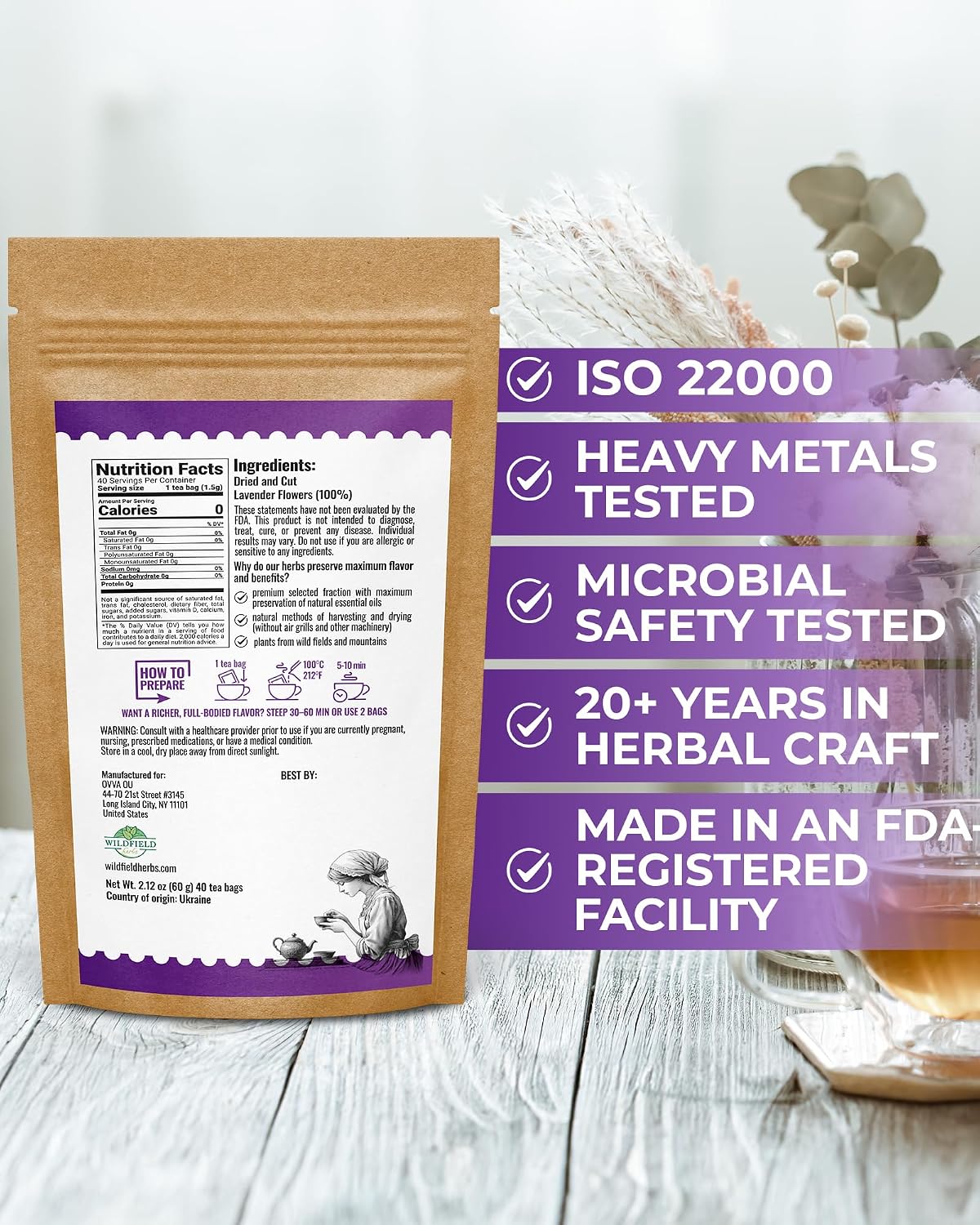 40 Bags Lavender Herb Lavender Buds Herbal Tea (Lavandula Angustifolia) - 40 Count 1.5g Bags Flowers Dried Tea Flores De Lavanda