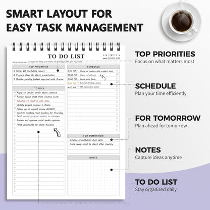 To Do List Notepad Notebook for Work 8.5"x11"Undated Daily Planner | Checklist Note Pad with Schedule, Task Tracker, Stay Organized, Office Supplies & Desk Accessories, 52 Tear-Off Sheets, Gray