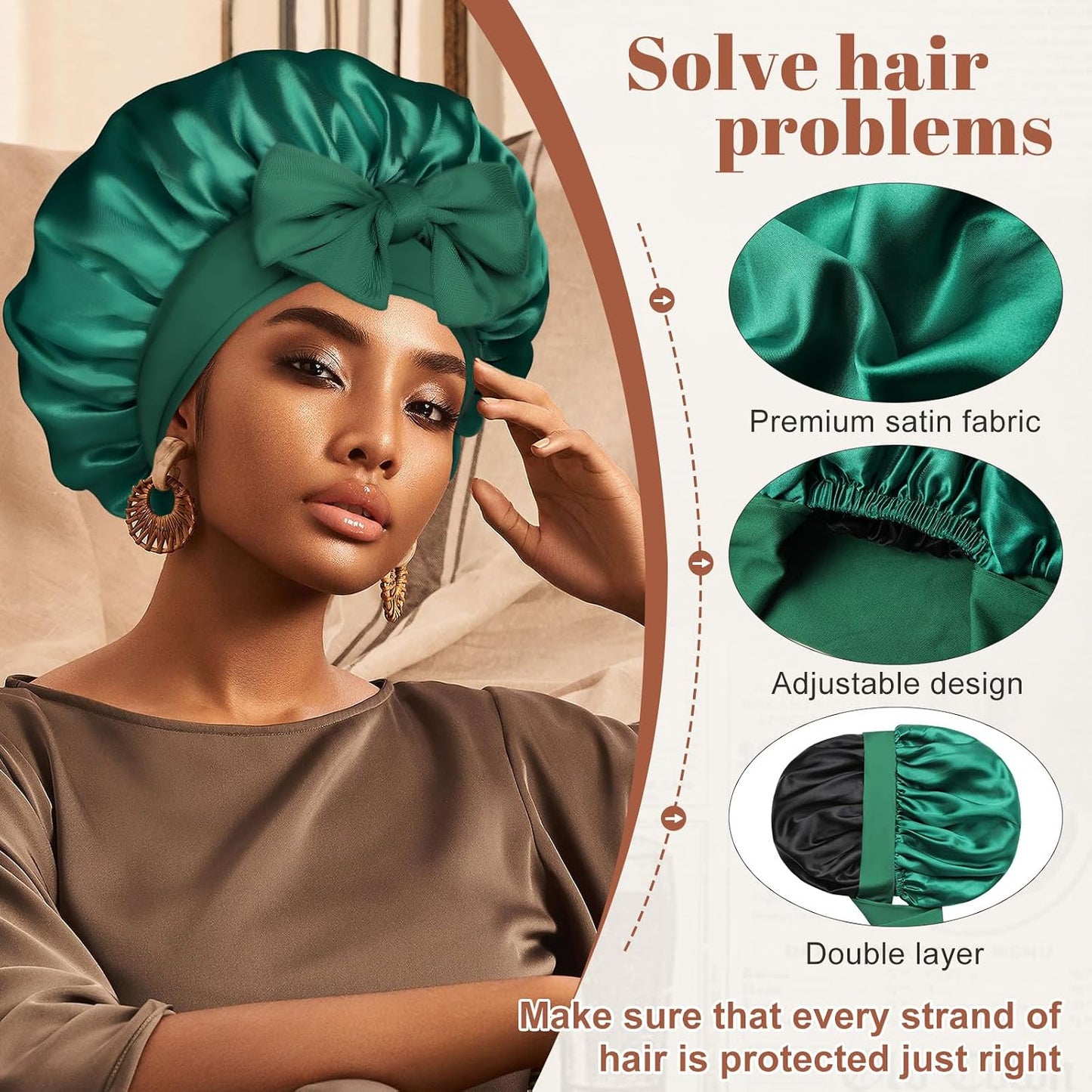 Satin Bonnet for Sleeping Cap Double Layer Hair Bonnet with Elastic Tie Band for Curly Hair Night Cap (Bean Paste + Pink)