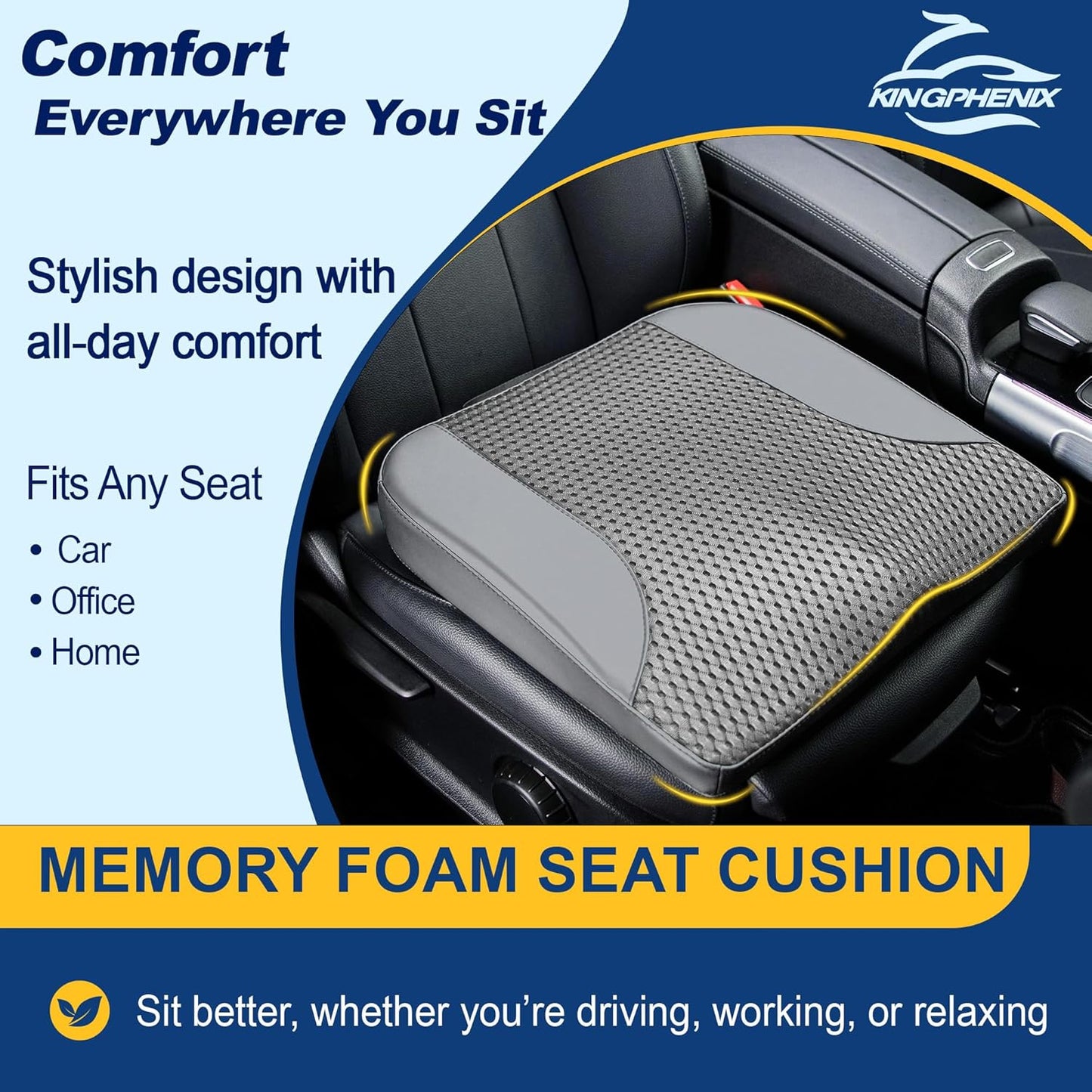 kingphenix Premium Car Seat Cushion, Memory Foam Driver Seat Cushion to Improve Driving View- Coccyx & Lower Back Pain Relief - Seat Cushion for Car, Truck, Office Chair (Leather Black)