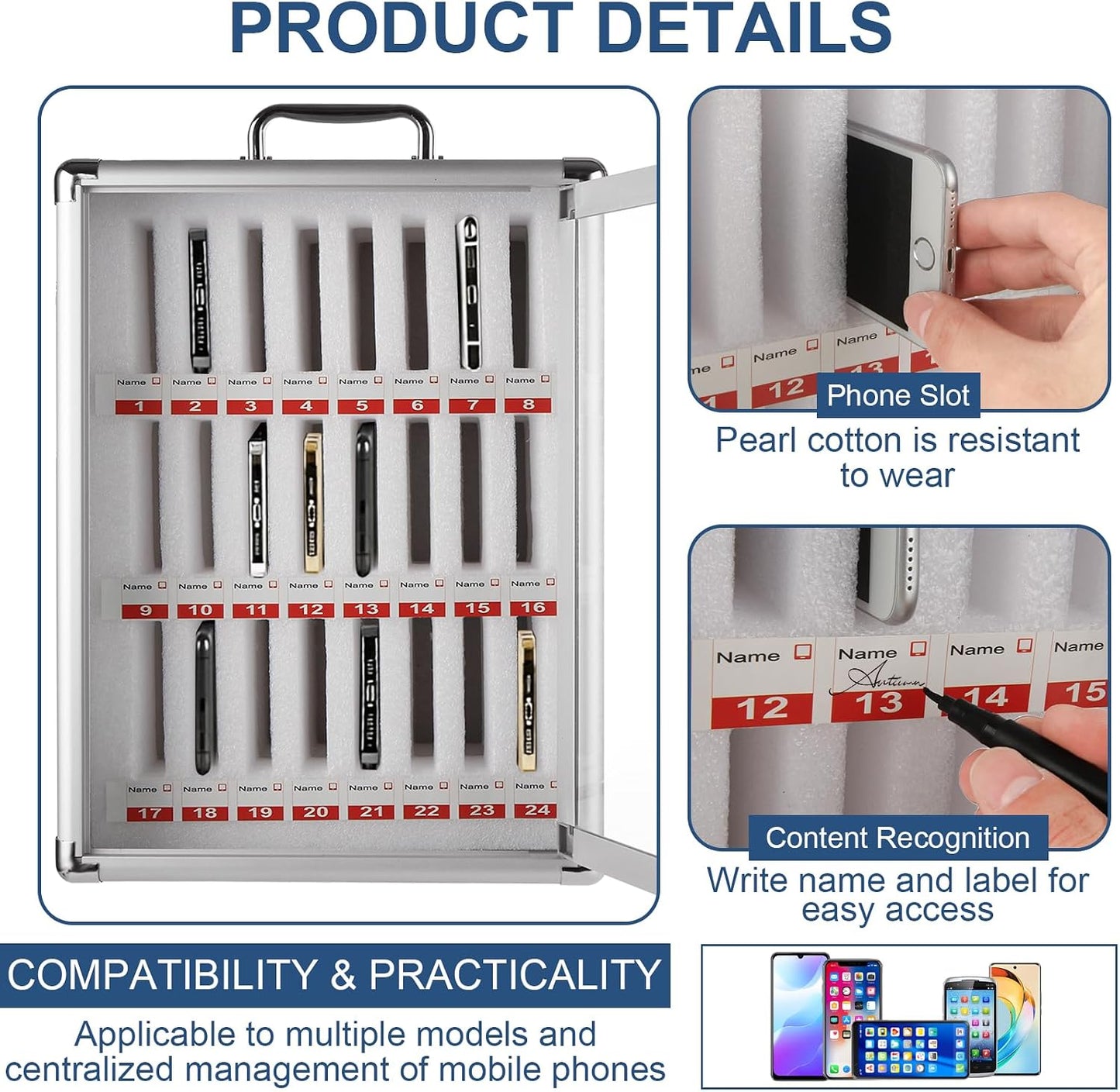 Aluminum Cell Phone Lock Box with Key 24 Slots Aluminum Alloy Pocket Chart Storage Cabinet for Cell Phone Locker Wall-Mounted Cell Phone Box Cell Phone Storage Cell Phone Jail for Office