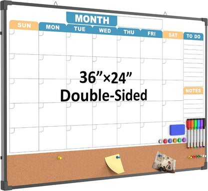 Monthly Calendar Dry Erase Board 16x12 Inch, Double-Sided Whiteboard and Corkboard Combo, Wall Mounted Planner Organizer with Markers, Magnets, Push Pins, Eraser, for Home Office School