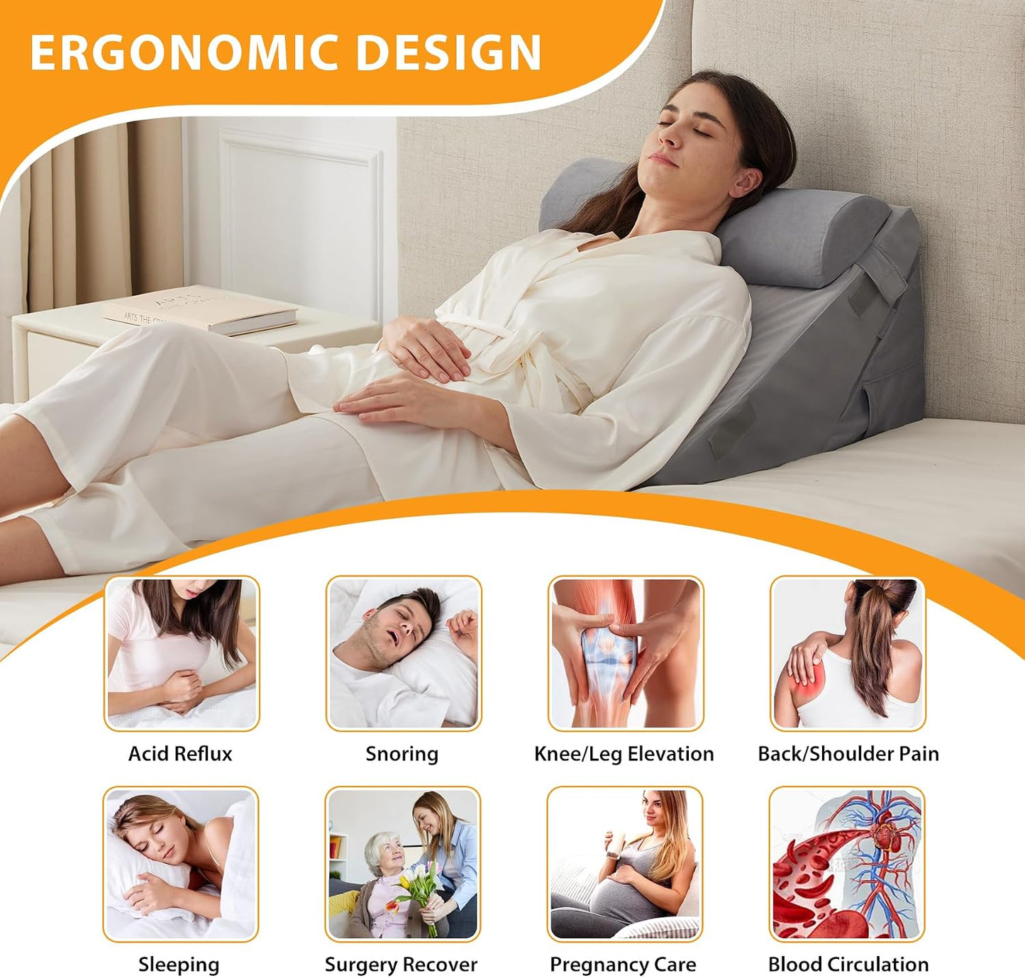 Ruqmuis Wedge Pillow Set for After Surgery, 3PCS Adjustable 9&12 Inch Bed Wedge Pillow for Sleeping, Incline Pillow Wedge for Headboard, Post Surgery, Acid Reflux, Neck&Back Support, White/Grey