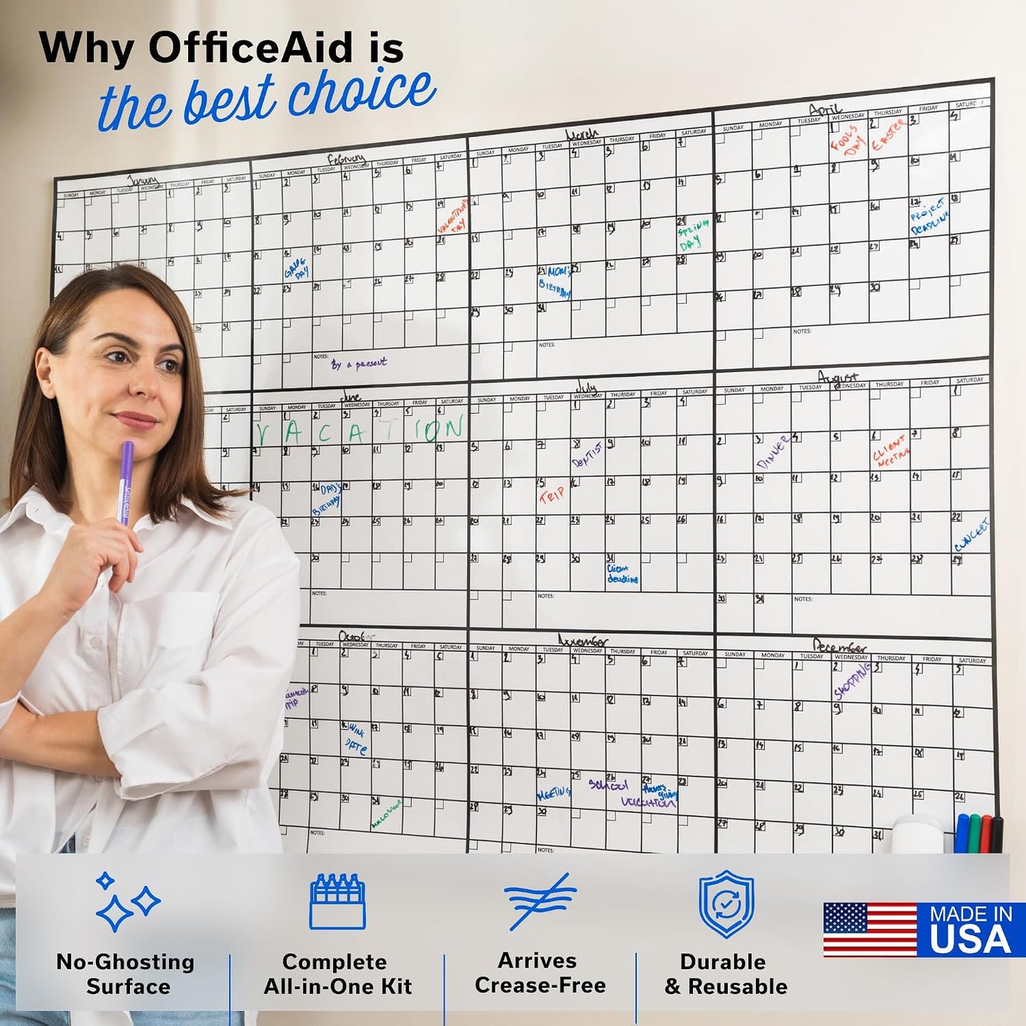 Large Dry Erase Calendar for Wall 36x48, Big Classroom Giant Month, Undated Reusable Family Monthly, Rolled Whiteboard White Board, Calendar Dry Erase Planner for Wall Erasable Large Office 48x36