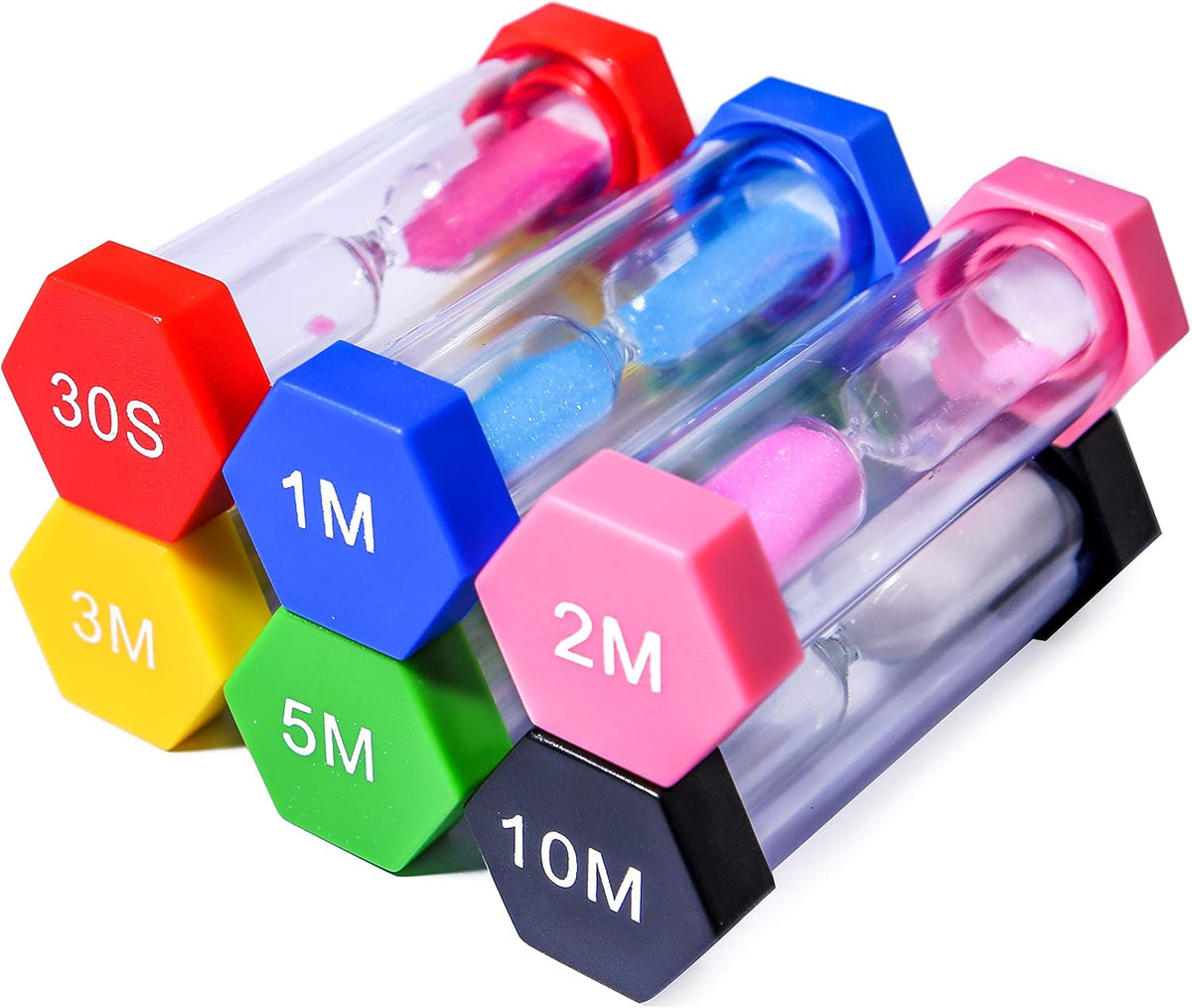 PROLOSO 6 Pcs Colorful Sand Timers Set Platic Sandglass Hourglass Sand Clock Timer 30sec/ 1min/ 2mins/ 3 Minutes/ 5 Minute/ 10mins for Kids Games Classroom Home Office Kitchen