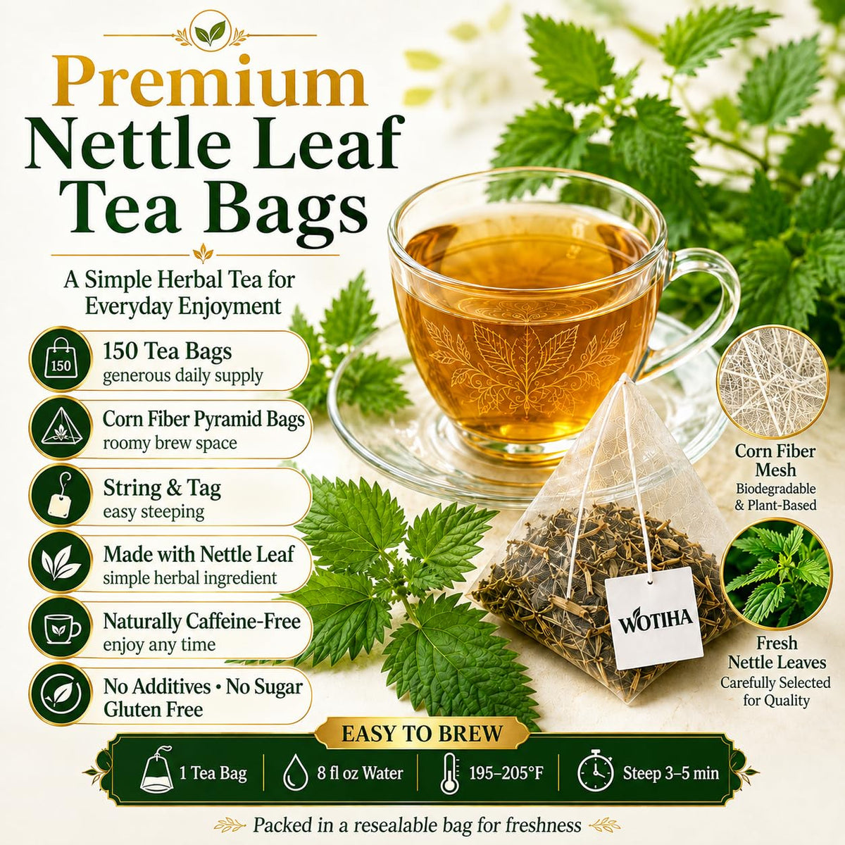 WOTIHA Stinging Nettle Leaf Tea Bags, 150 Count, No Added Sweetener