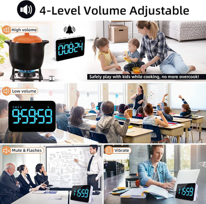 Rechargeable Digital Kitchen Timer for Cooking, Magnetic Timers with Countdown/up, Kids Timer with 5”LED Display 3 Brightness 4 Volume Adjustable for Classroom/Office/Home/Work/Fitness/Game（Blue）