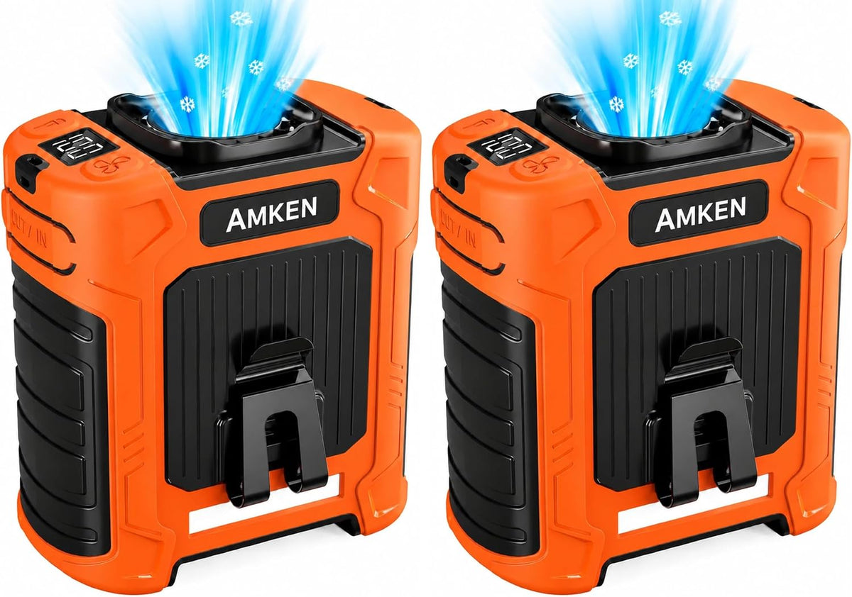 AMKEN Waist Fan, 10000mAh Rechargeable Belt Clip Fan, 59ft/s Airflow, 6-Speed 19000RPM Wearable Cooling with Bottom Air Intake, LED SOS Warning Light, Charge 2 Phones for Jobsite Camping