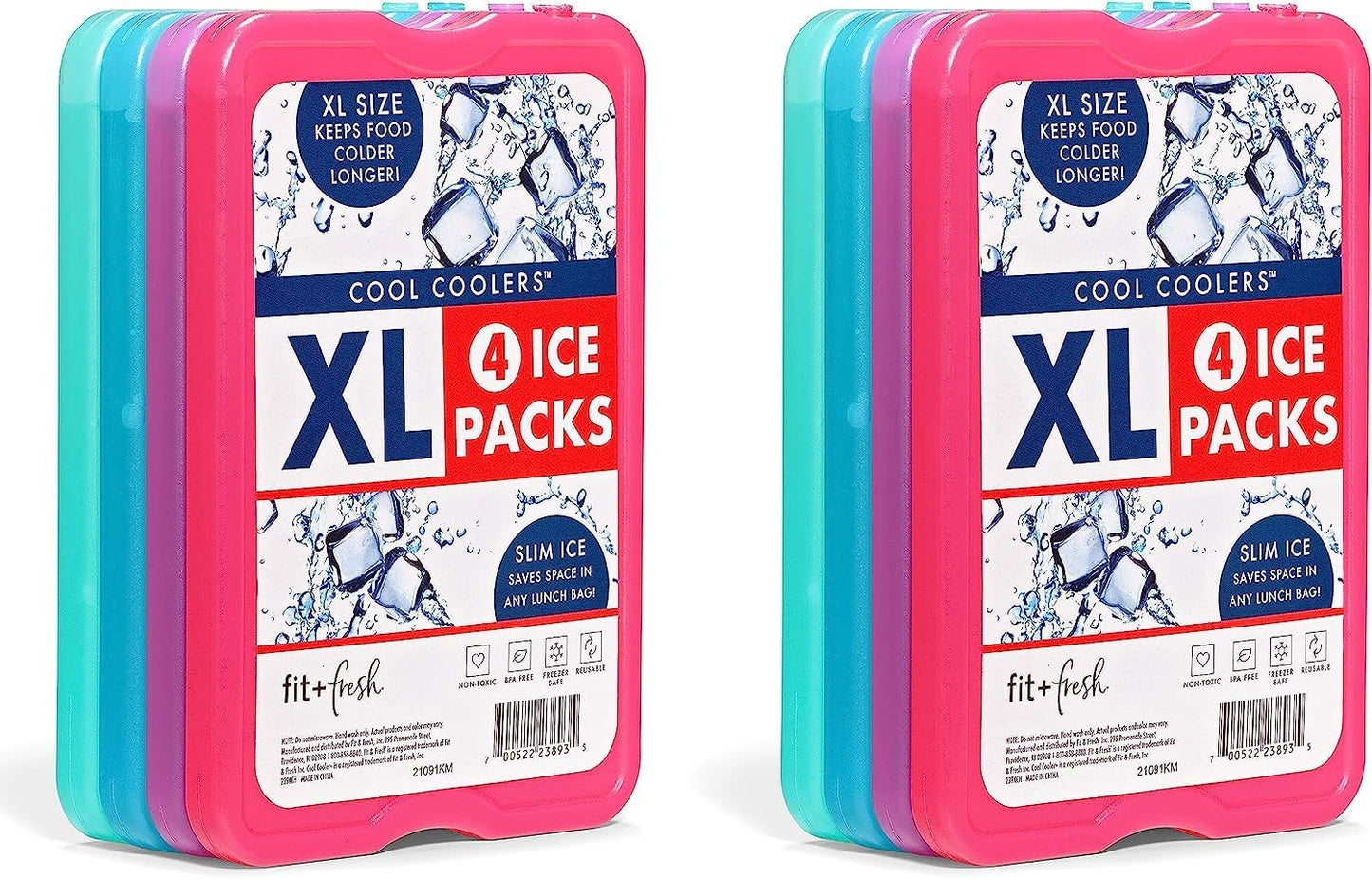 Cool Coolers by Fit & Fresh 4 Pack XL Slim Ice Packs, Quick Freeze Space Saving Reusable Ice Packs for Lunch Boxes or Coolers