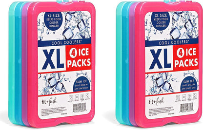 Cool Coolers by Fit & Fresh 4 Pack XL Slim Ice Packs, Quick Freeze Space Saving Reusable Ice Packs for Lunch Boxes or Coolers