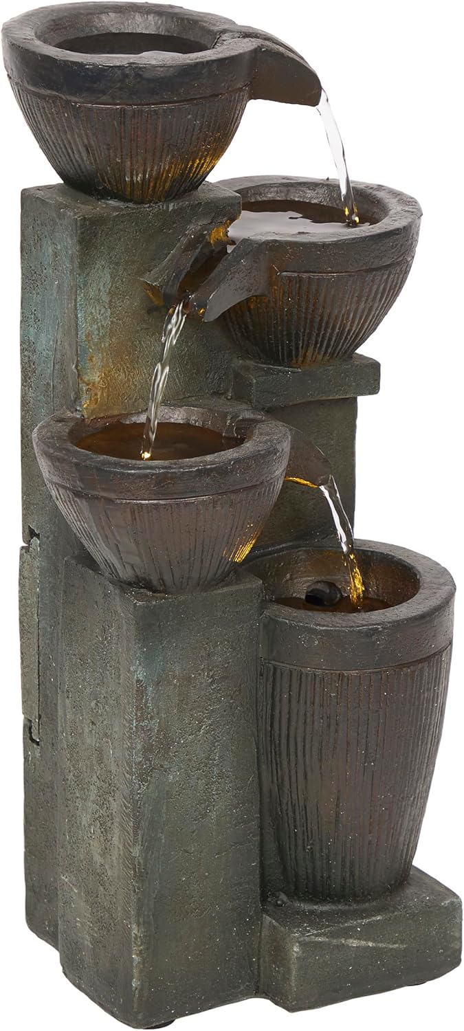 Alpine Corporatio 14" Tall Stoned Jar Cascading Water Fountain with LED Lights, Elegant Tabletop Water Feature for Home, Office, Living Room, and Bedroom Decor, Gray