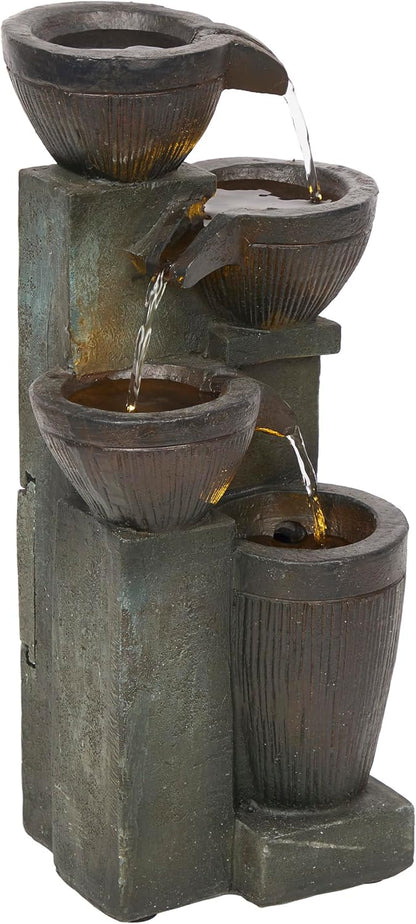 Alpine Corporatio 14" Tall Stoned Jar Cascading Water Fountain with LED Lights, Elegant Tabletop Water Feature for Home, Office, Living Room, and Bedroom Decor, Gray
