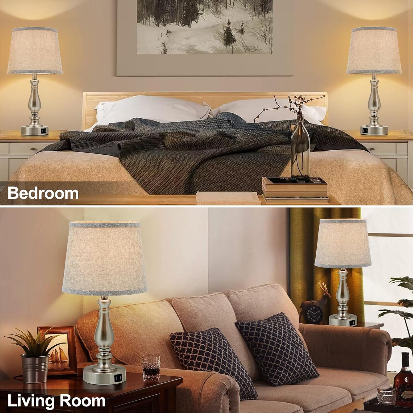 EJIAXIN Lamps for Bedrooms Set of 2, Brushed Nickel Bedside Lamps with USB C+A Ports,Dimmable Nightstand Lamps with Fabric Lampshade, Touch Table Lamp for Living Room Bedroom Office, Bulbs Included