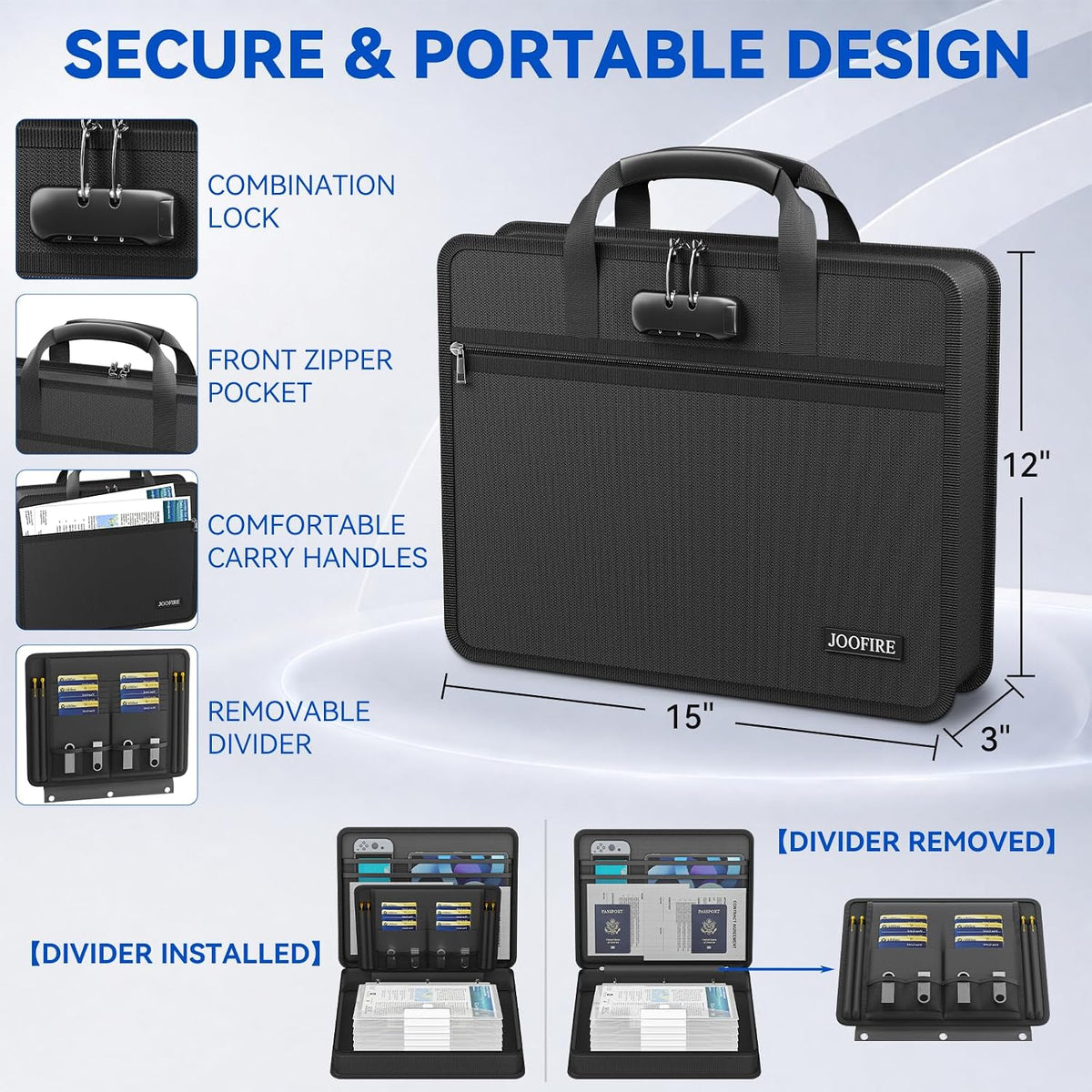 JOOFIRE Fireproof File Organizer with Lock&10 Pack Clear Binder Pockets