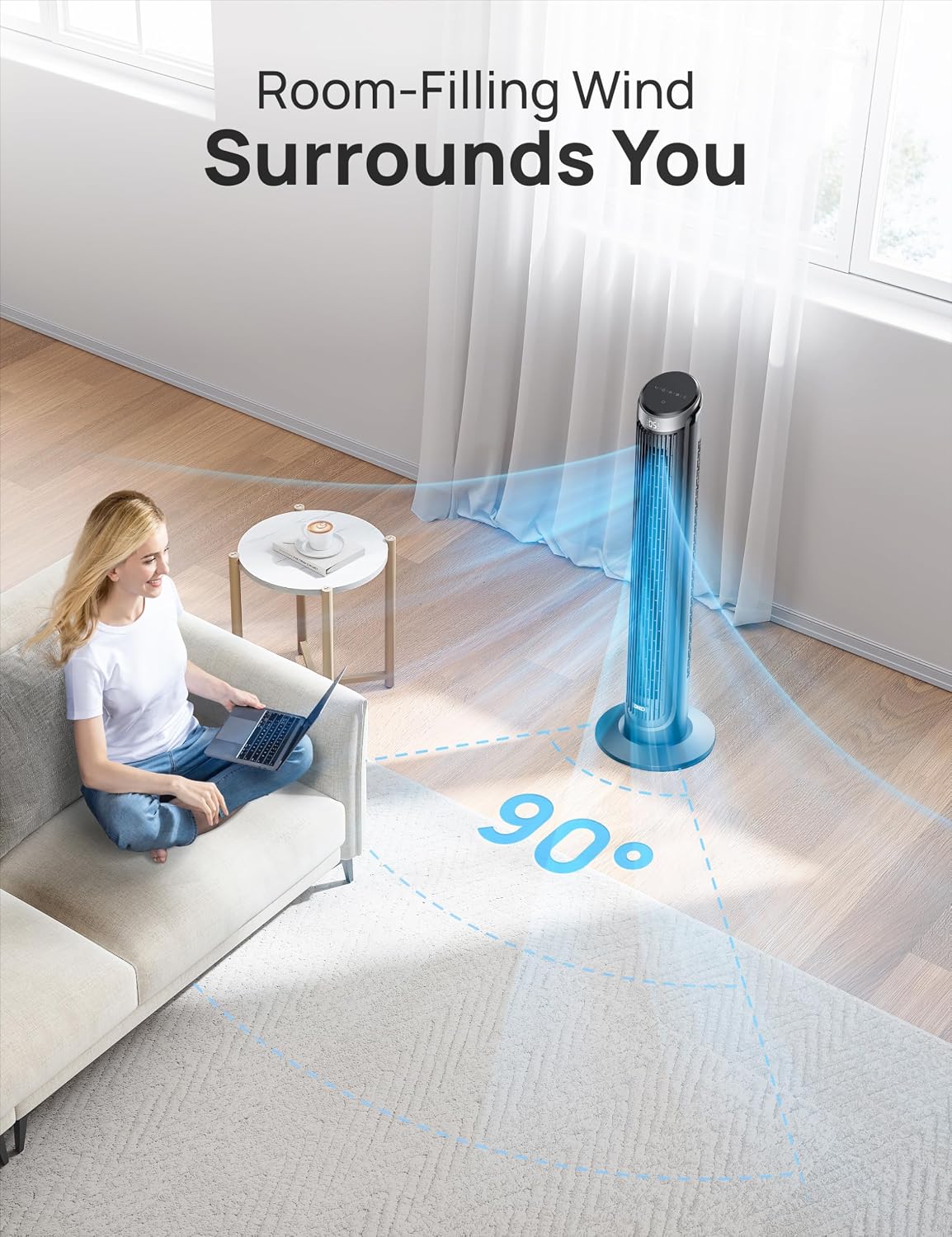 DREO Tower Fan for Bedroom, 90° Oscillating Fans that Blow Cold Air, 5 Speeds, 4 Modes with 26ft/s Velocity, 12H & 28dB Quiet Timer, Remote, Touch, 40" Standing Floor Fan for Home Office, Black
