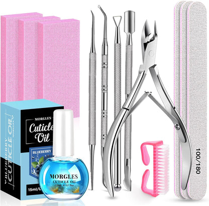 MORGLES Nail File and Buffer Blocks with Nail Care Kit, 13 Pcs Manicure Kit for Women with Milk and Honey Cuticle Oil and Cuticle Trimmer Set