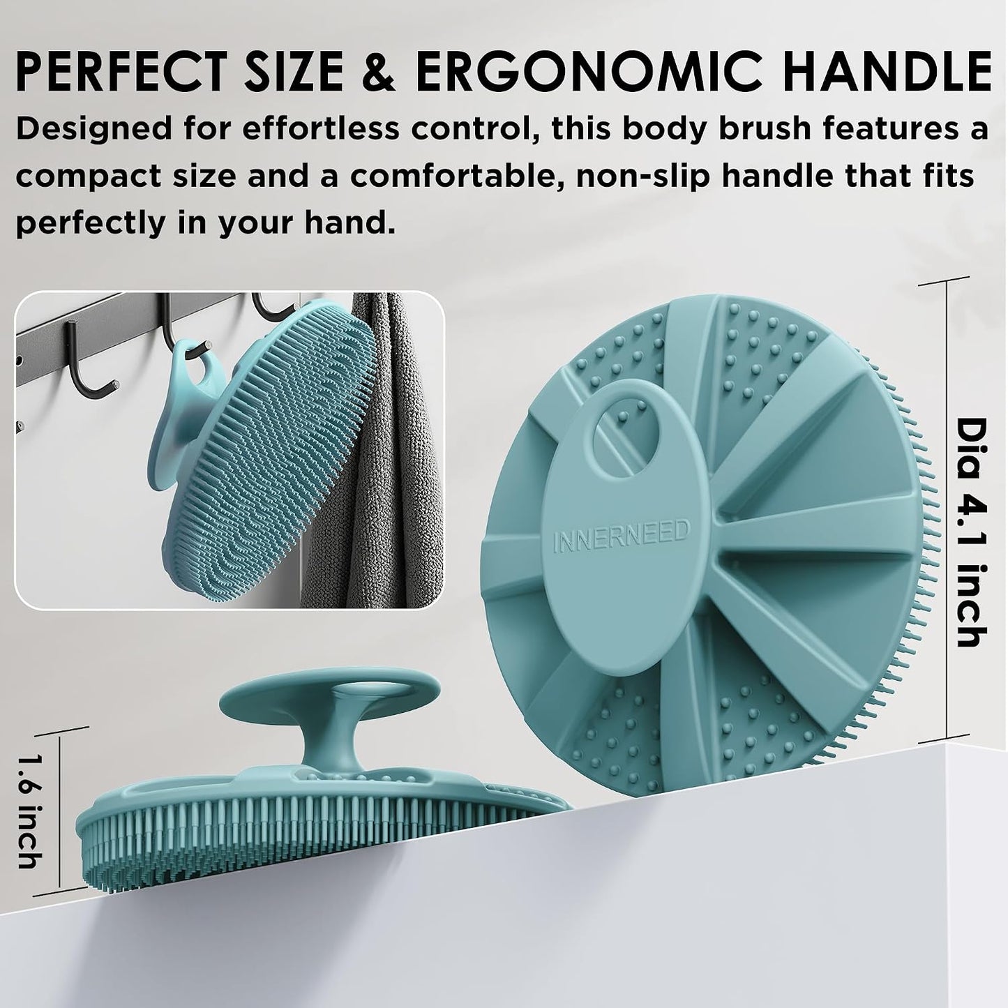 INNERNEED Food-Grade Soft Silicone Body Scrubber Shower Brush Handheld Cleansing Skin Brush, Gentle Exfoliating and Lather Well (Dark Green)