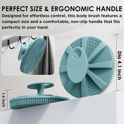 INNERNEED Food-Grade Soft Silicone Body Scrubber Shower Brush Handheld Cleansing Skin Brush, Gentle Exfoliating and Lather Well (Dark Green)