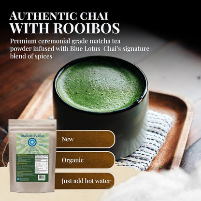 Blue Lotus Chai - Rooibos Flavor Masala Chai - Makes 65 Cups - 2 Ounce Masala Spiced Chai Powder with Organic Spices - Instant Indian Tea No Steeping - No Gluten