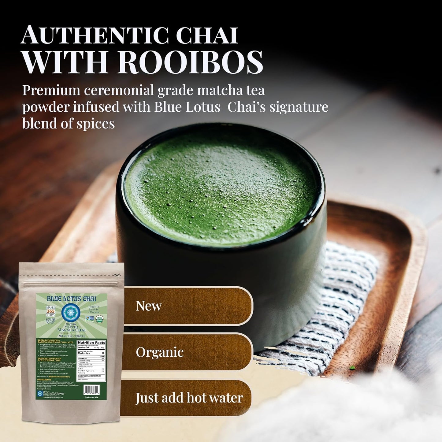 Blue Lotus Chai - Rooibos Flavor Masala Chai - Makes 65 Cups - 2 Ounce Masala Spiced Chai Powder with Organic Spices - Instant Indian Tea No Steeping - No Gluten