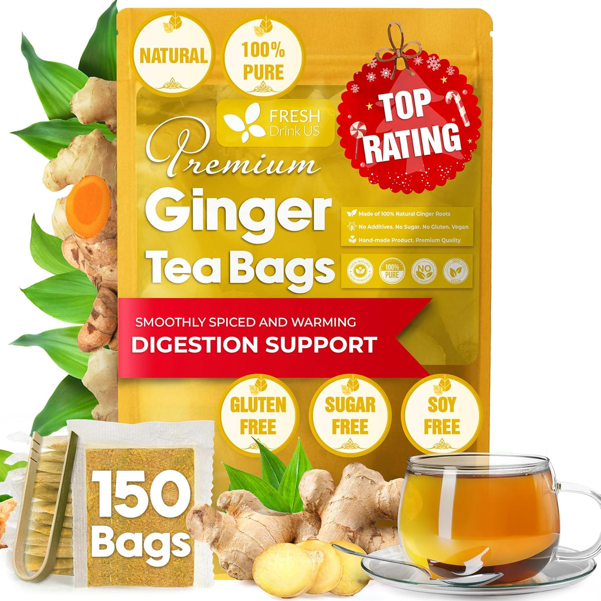 FreshDrinkUS, Premium Ginger Root Tea Bag, 150 Count, Pure, Caffeine Free