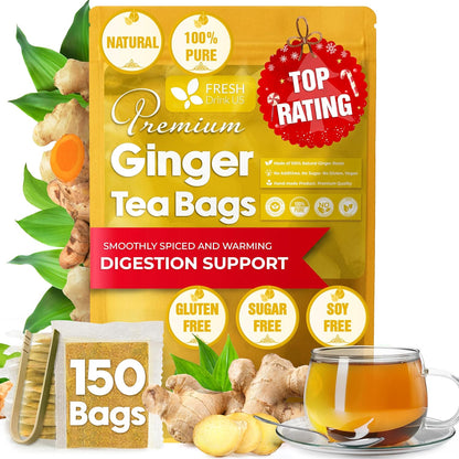 FreshDrinkUS, Premium Ginger Root Tea Bag, 150 Count, Pure, Caffeine Free