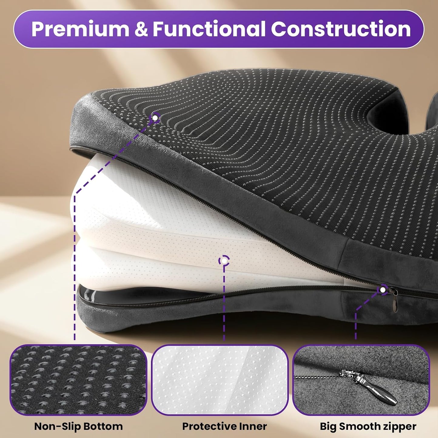 ZZ-WELL Seat Cushion for Office Chairs, Black, 21.2 Inches | Coccyx Cushion for Tailbone Pain, Memory Foam, Extra Large Thick, Patented Pressure Relief, Computer Gaming Chair