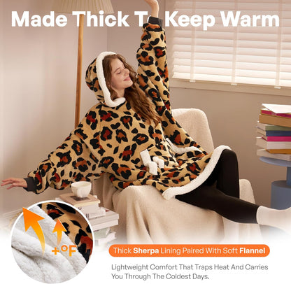 Giggling Getup Wearable Blanket Hoodie for Adults Gifts for Teen Girls Sister Women Sherpa Fleece Printed Hooded Blanket Sweatshirt Warm Cozy with Pocket & Sleeves Beige Cat