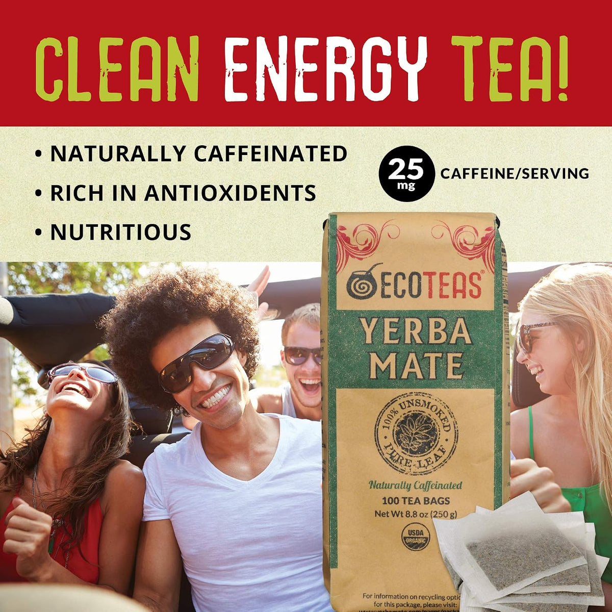 ECOTEAS Organic Yerba Mate Tea Bags Unsmoked 100 Count 8.8 oz Pack of 1
