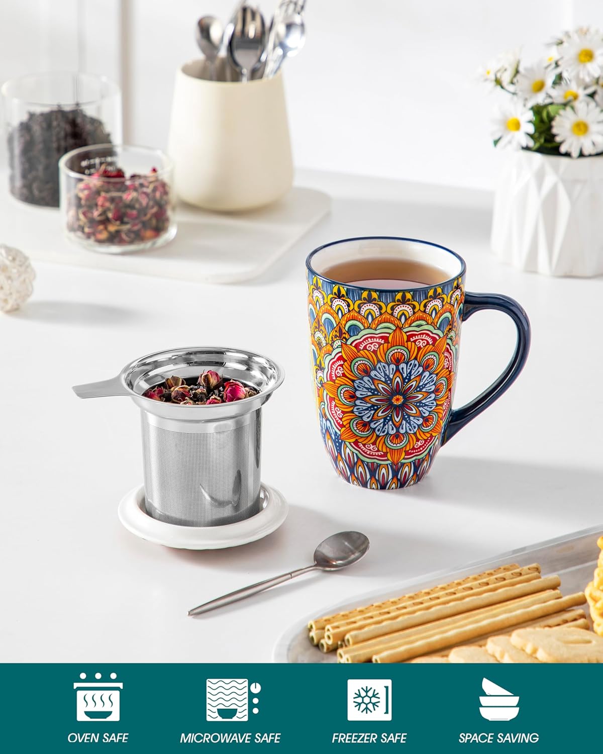 vancasso Ceramic Tea Mug with Infuser and Lid, 18 Ounce Bohemian Loose Leaf Cup, Microwave & Dishwasher Safe, Perfect for Tea, Coffee, Burnt-Cobalt Mandala