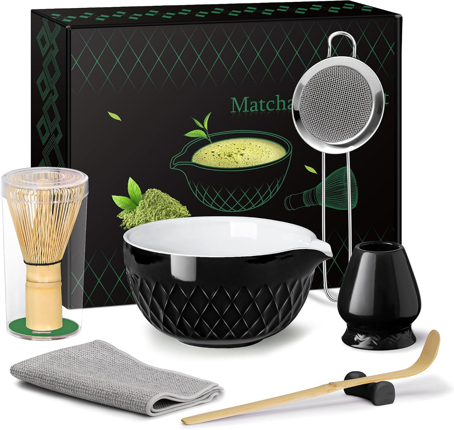 Matcha Whisk Set, 7 Pcs Matcha Kit, Ceramic Matcha Set Includes Matcha Bowl with Spout, Matcha Whisk and Holder, Bamboo Scoop, Scoop Rest, Sifter and Tea Towel (Ceramic White)