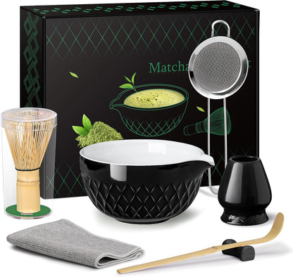 Matcha Whisk Set, 7 Pcs Matcha Kit, Ceramic Matcha Set Includes Matcha Bowl with Spout, Matcha Whisk and Holder, Bamboo Scoop, Scoop Rest, Sifter and Tea Towel (Ceramic White)