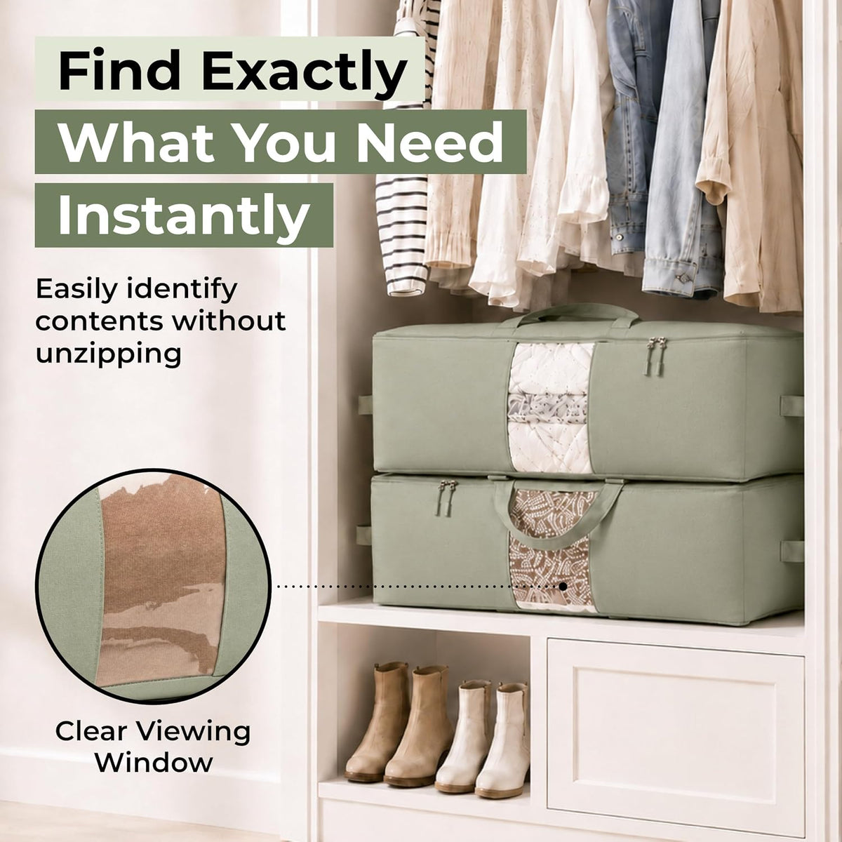 Soft Canvas Storage Bags with Zipper. Thick Breathable, 2pc King/Queen Comforter Organizer. Four Carrying Handles and Window. Large 25x19x9in Bag for Sheets Blankets Bedding Pillows, Clothes