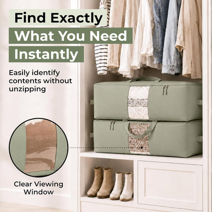 Soft Canvas Storage Bags with Zipper. Thick Breathable, 2pc King/Queen Comforter Organizer. Four Carrying Handles and Window. Large 25x19x9in Bag for Sheets Blankets Bedding Pillows, Clothes