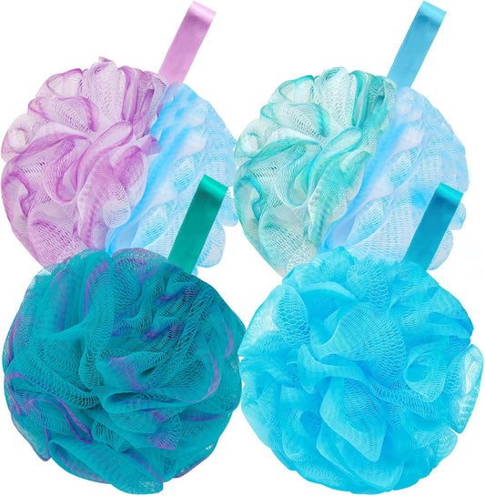BCKENEY Bath Loofah Shower Sponge Body Back Scrubber Soft Mesh Shower Puffs Exfoliating Loofa for Women & Men Bath Accessories Cleaning Tool (Pack of 4 60G Loofah, Dark Elf)