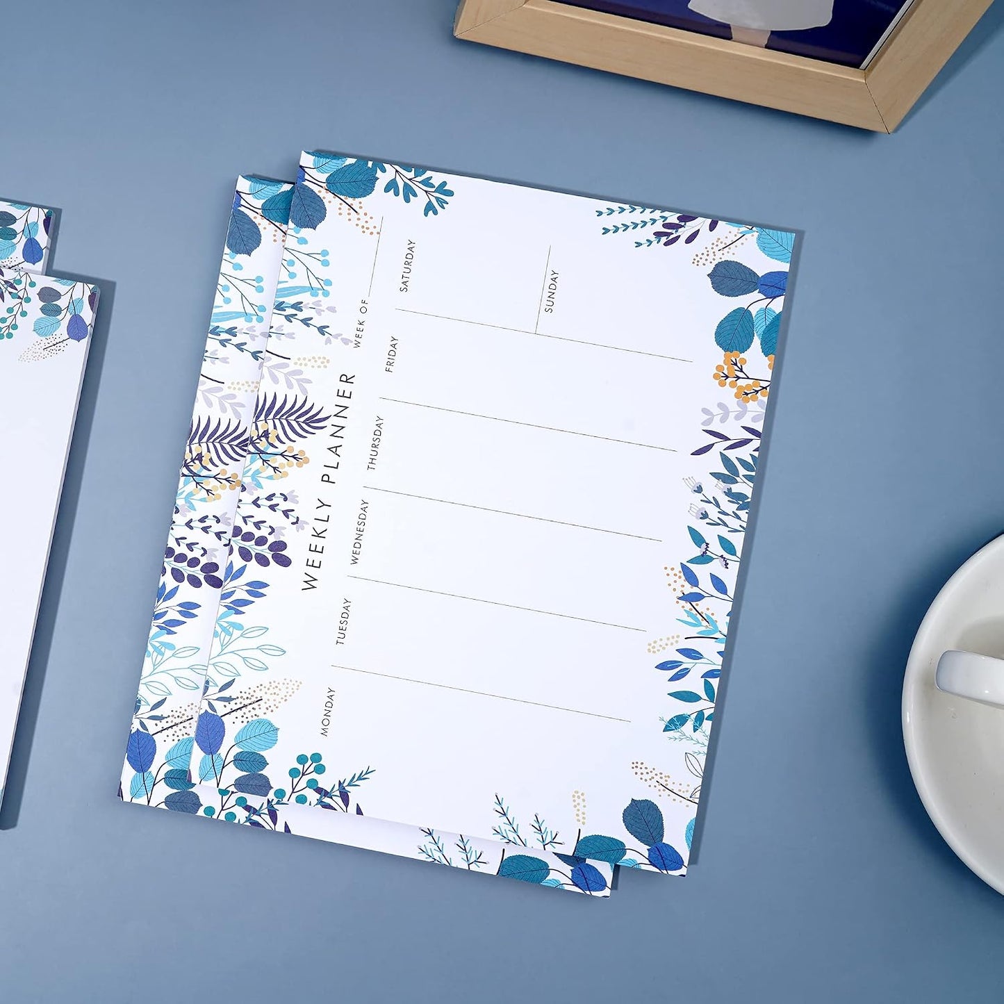 Weekly Planner Notepad Tear Off Set of 2 Weekly Calendar Pad 52 Undated To Do List Notepad Sheets Desk Planner Planning Pads Productivity Tracker for Work Goals Notes Schedule Ideas, Floral Blue