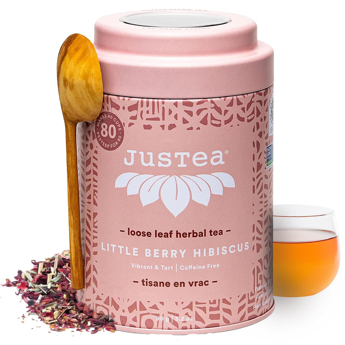 JusTea LITTLE BERRY HIBISCUS Loose Leaf Herbal Tea, 40+ Cups Tin with Spoon