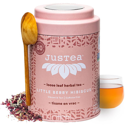 JusTea LITTLE BERRY HIBISCUS Loose Leaf Herbal Tea, 40+ Cups Tin with Spoon