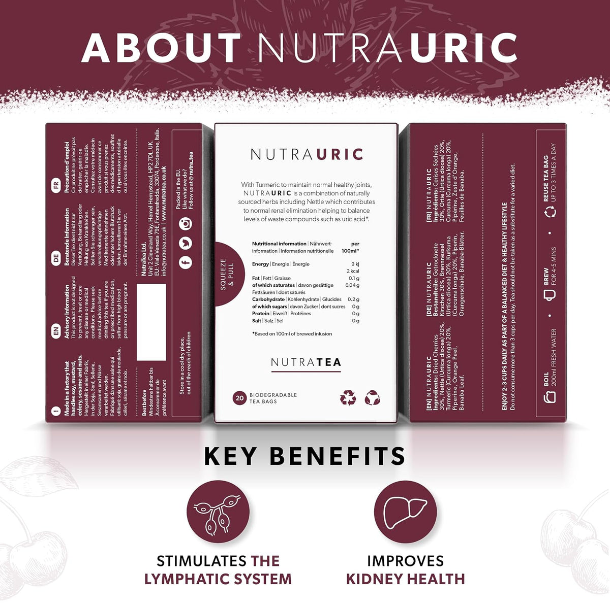 Nutra Tea NUTRAURIC - Uric Acid Cleanse and Kidney Support – Kidney Cleanse Tea – Includes Cherry, Nettle & Turmeric - 20 Enveloped Tea Bags - Herbal Tea